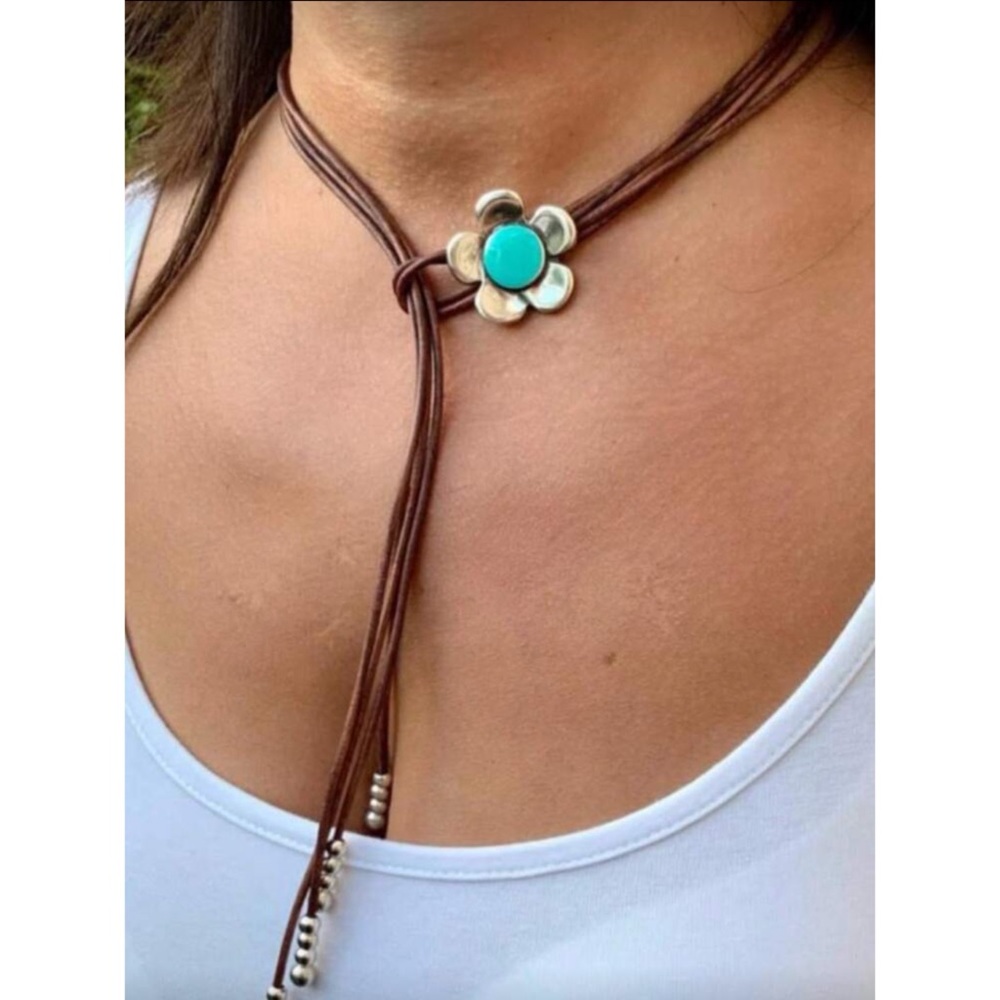 Bohemian Retro Western Vegan Leather Silver Flower Choker Necklace